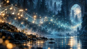 Portée musicale dorée qui se défait en particules et en fragments de code, au-dessus d'un lac, devant une forêt et une arche de pierre dans la brume